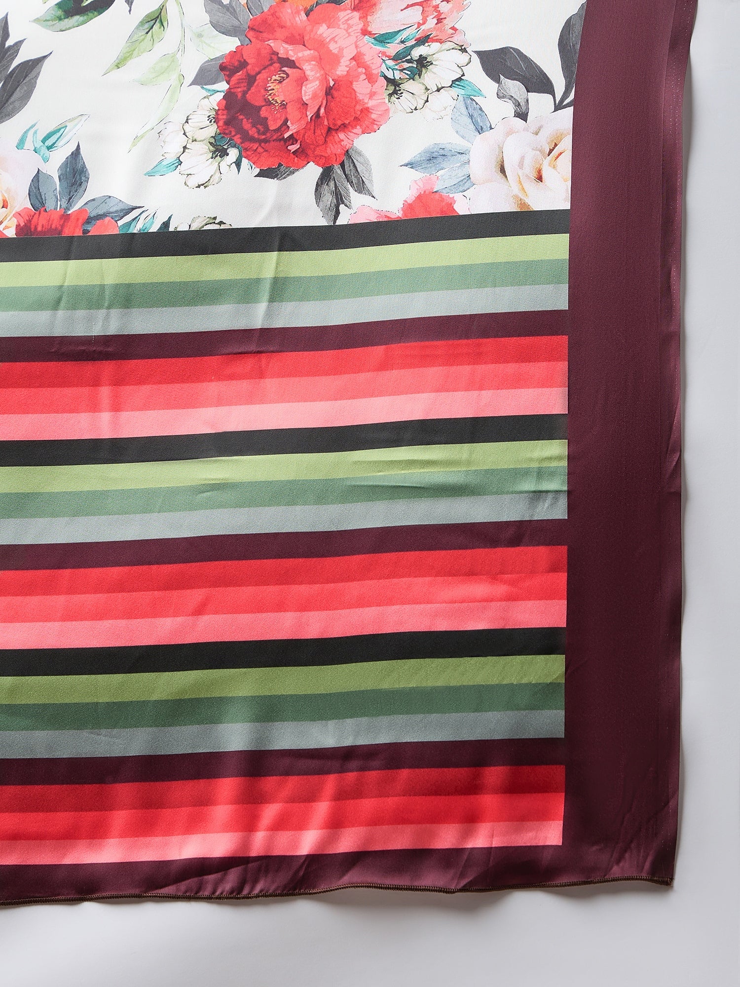 Off-White Satin Silk Red Floral Digital Print Contrast Border Blouse Saree - Ressa