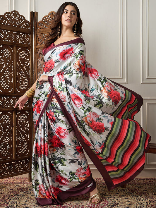 Off-White Satin Silk Red Floral Digital Print Contrast Border Blouse Saree - Ressa