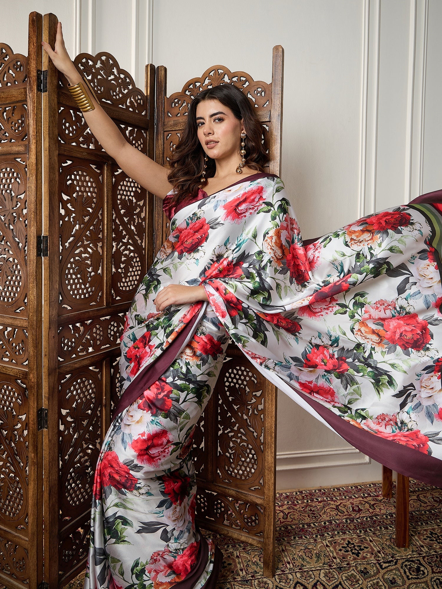 Off-White Satin Silk Red Floral Digital Print Contrast Border Blouse Saree - Ressa