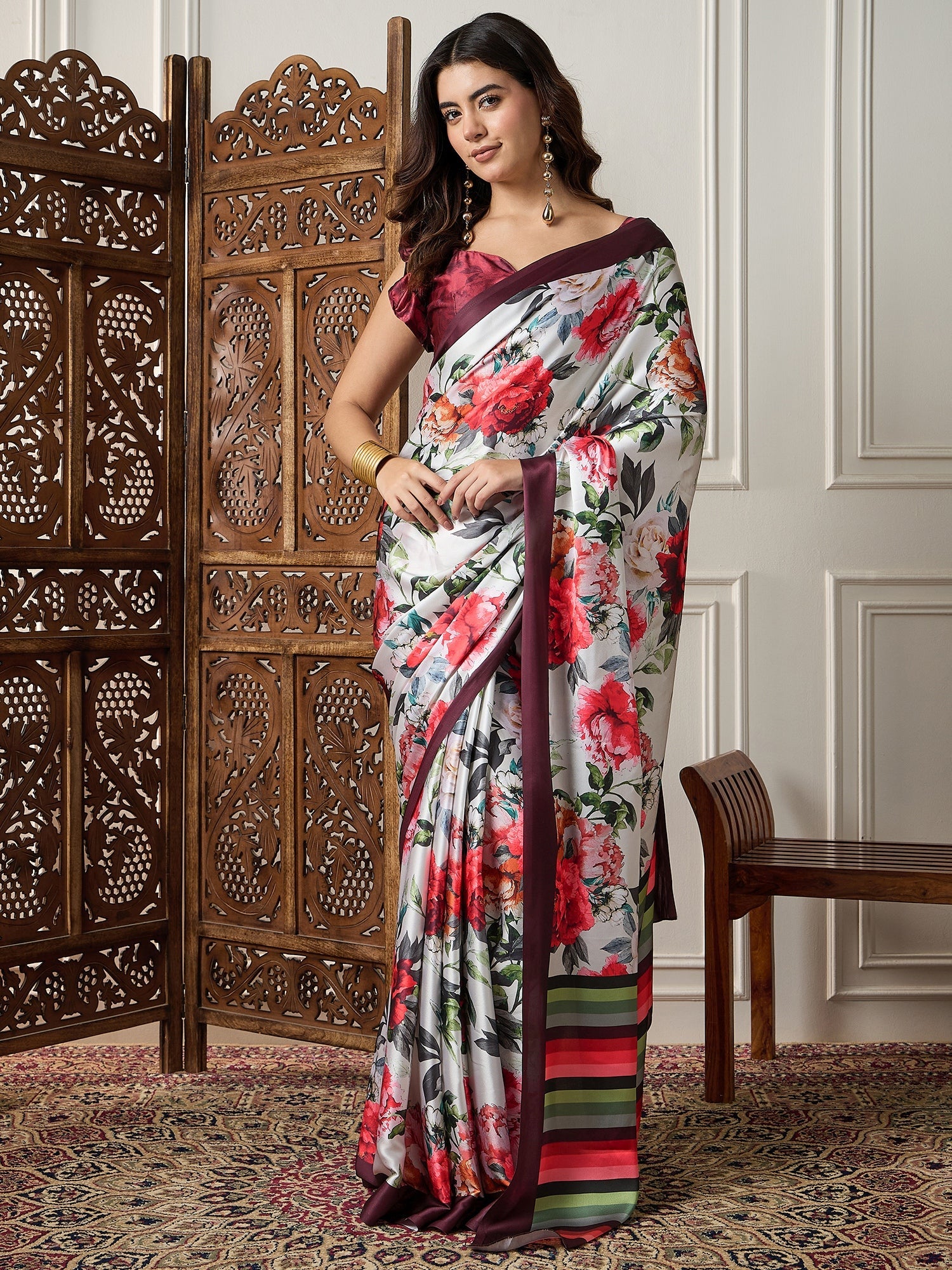 Off-White Satin Silk Red Floral Digital Print Contrast Border Blouse Saree - Ressa