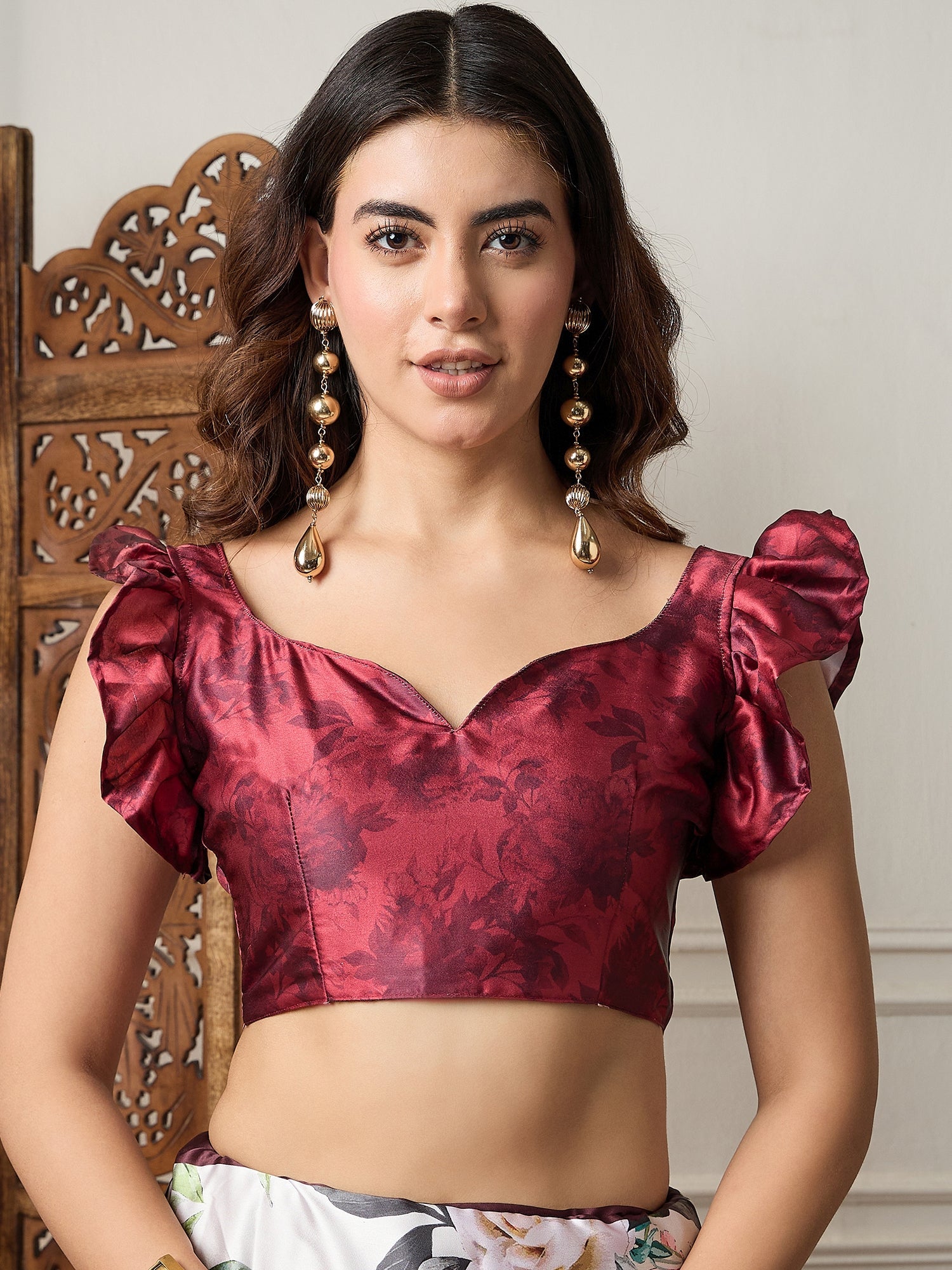 Off-White Satin Silk Red Floral Digital Print Contrast Border Blouse Saree - Ressa