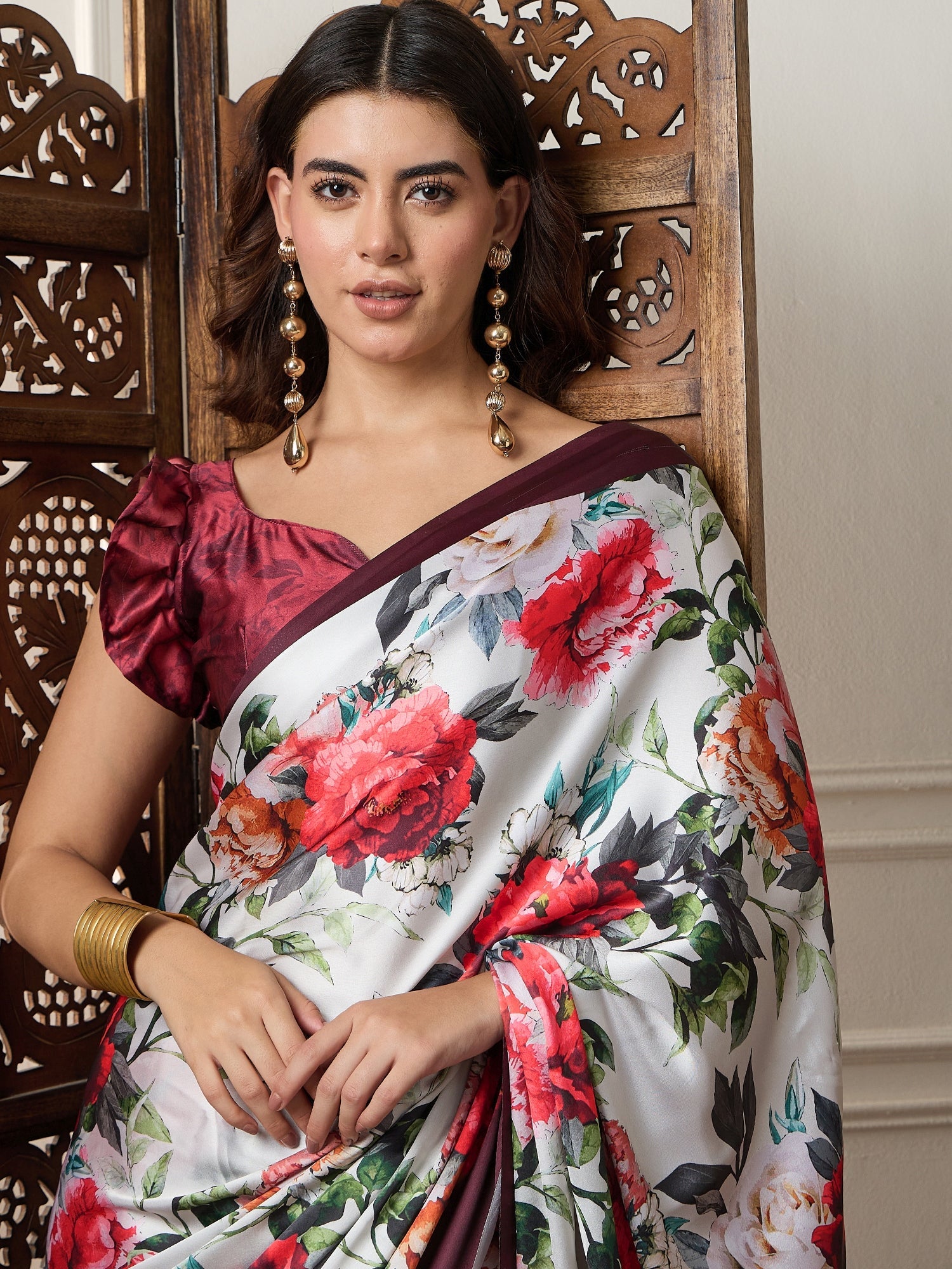 Off-White Satin Silk Red Floral Digital Print Contrast Border Blouse Saree - Ressa