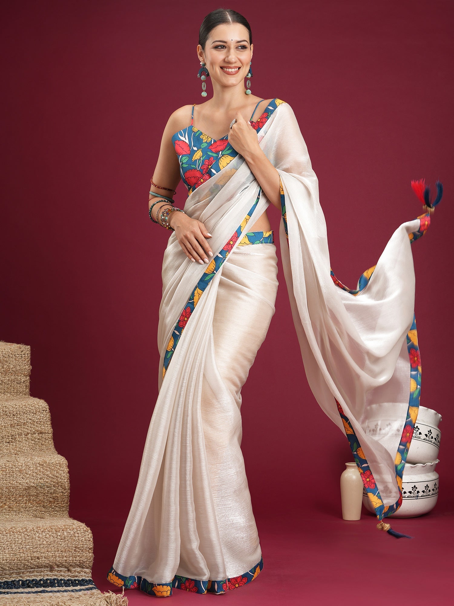Off-White Shimmer Chiffon Saree - Ressa