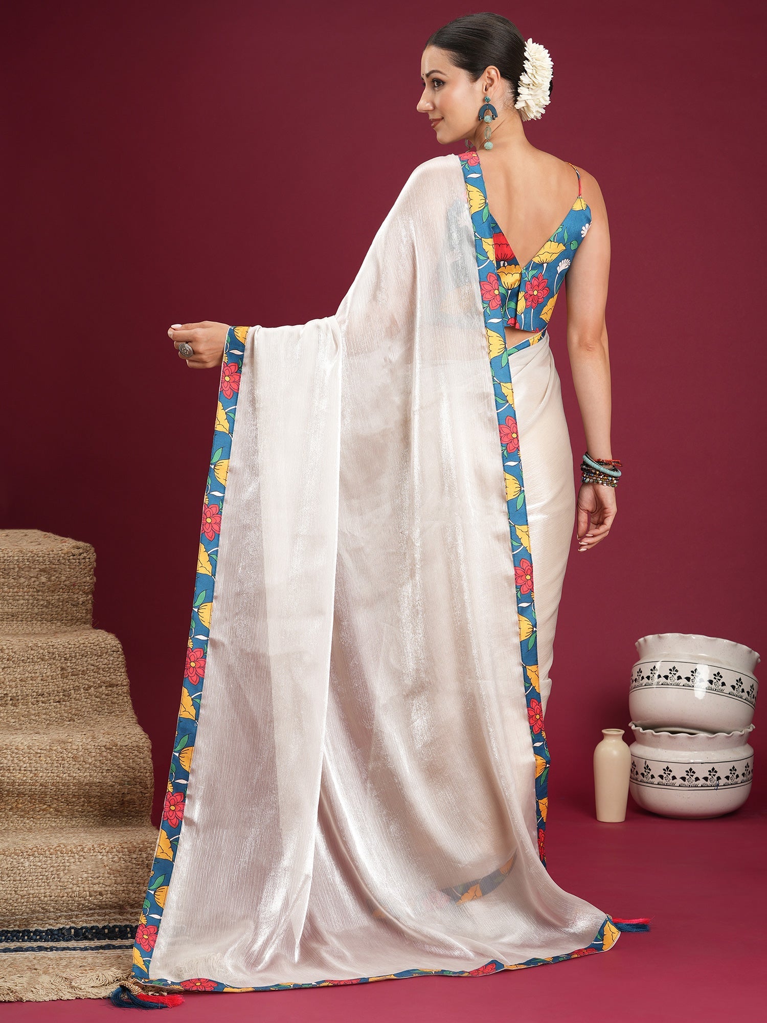 Off-White Shimmer Chiffon Saree - Ressa