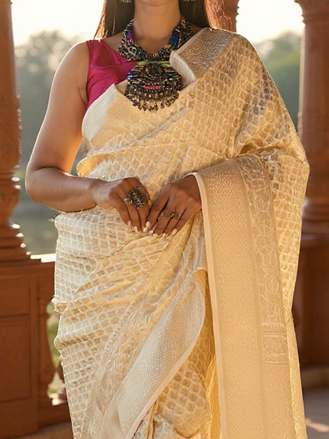 Off White Silk Blend Banarasi Silk Saree - Ressa