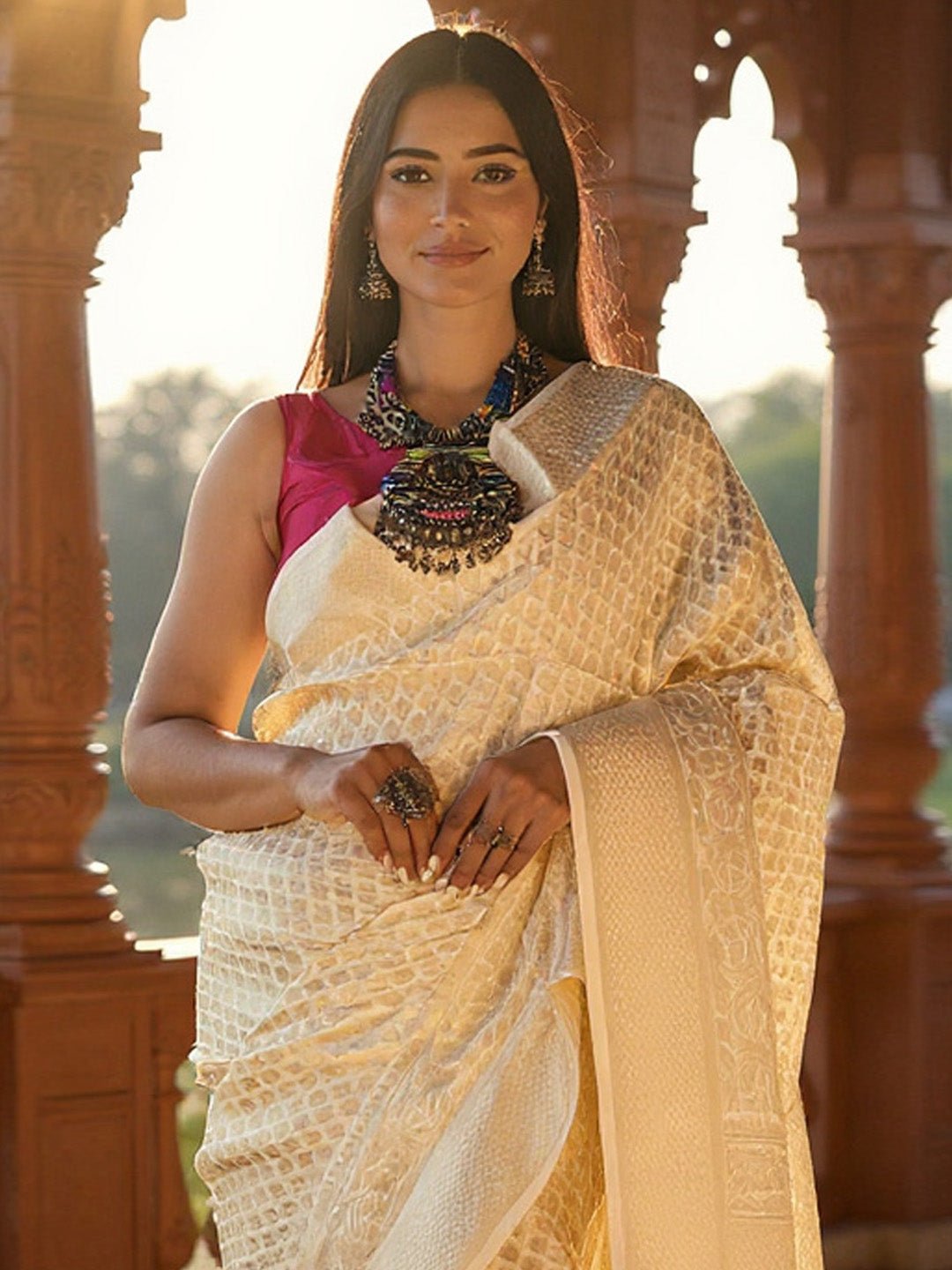 Off White Silk Blend Banarasi Silk Saree - Ressa