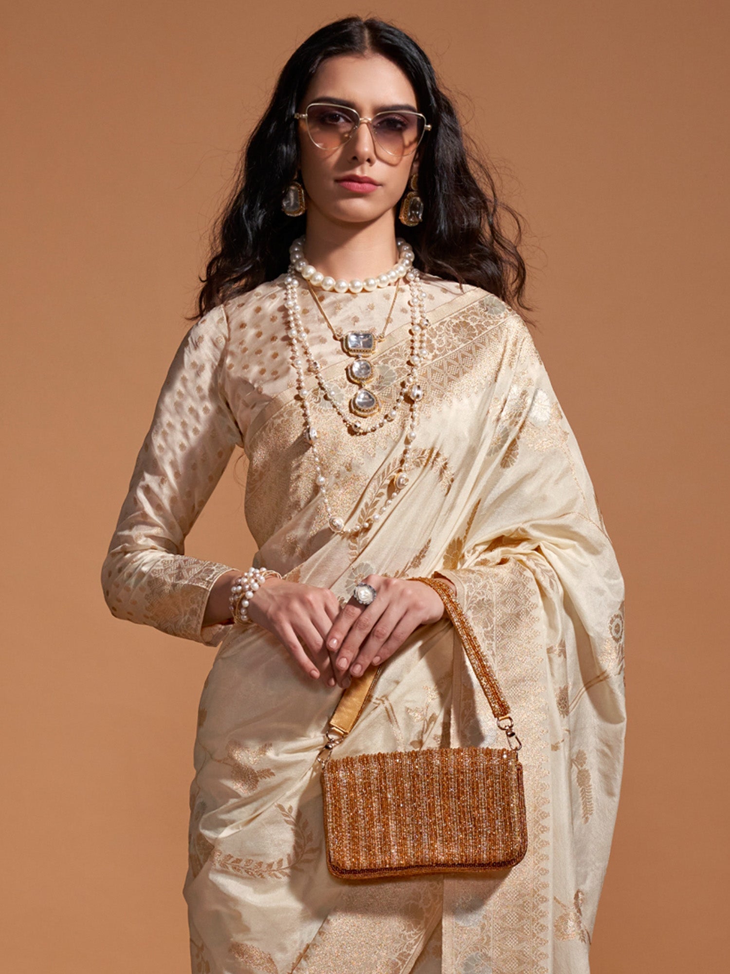 Off-White Silk Blend Banarasi Style Saree - Ressa