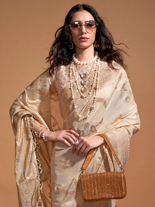 Off-White Silk Blend Banarasi Style Saree - Ressa