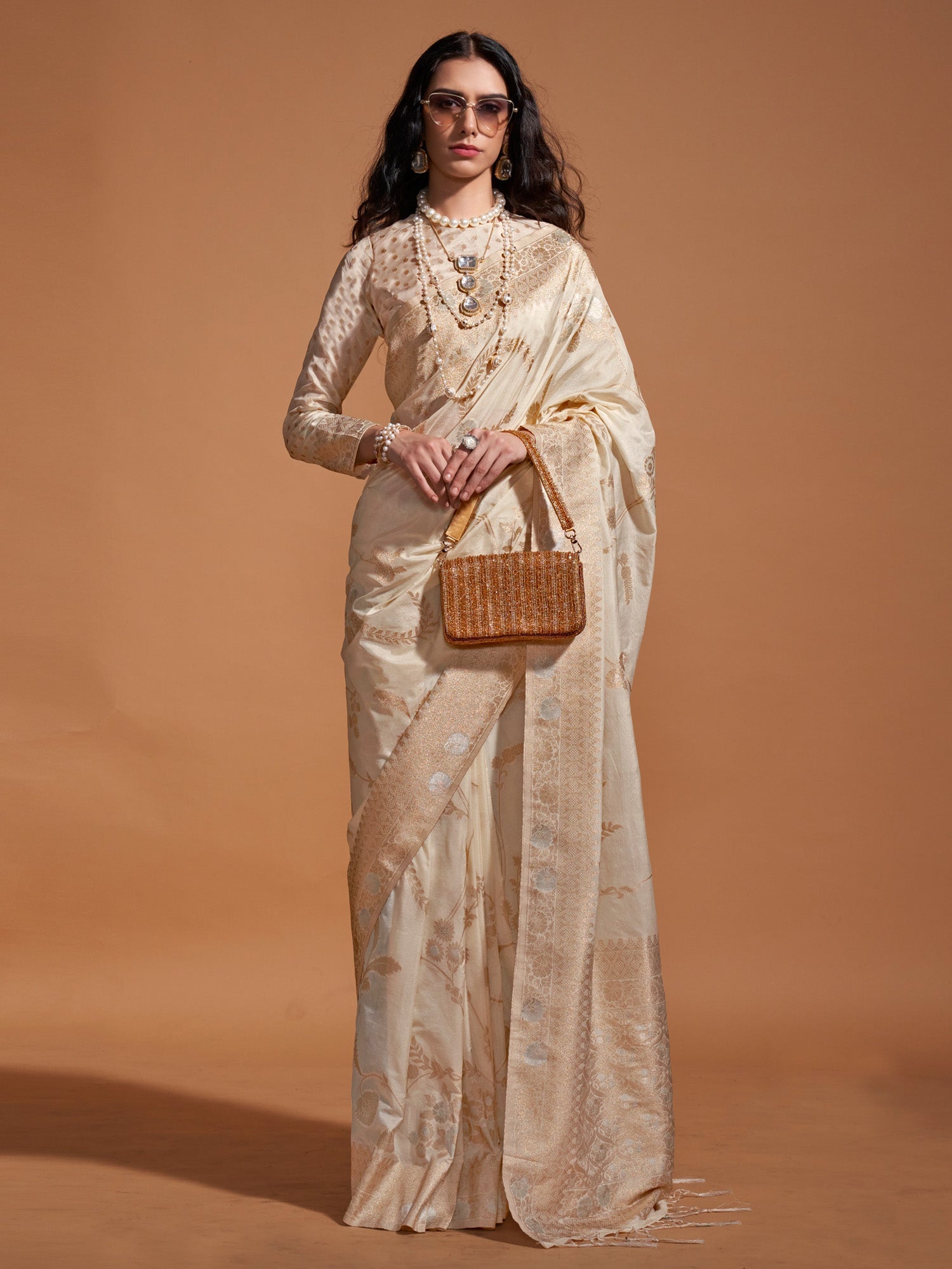 Off-White Silk Blend Banarasi Style Saree - Ressa