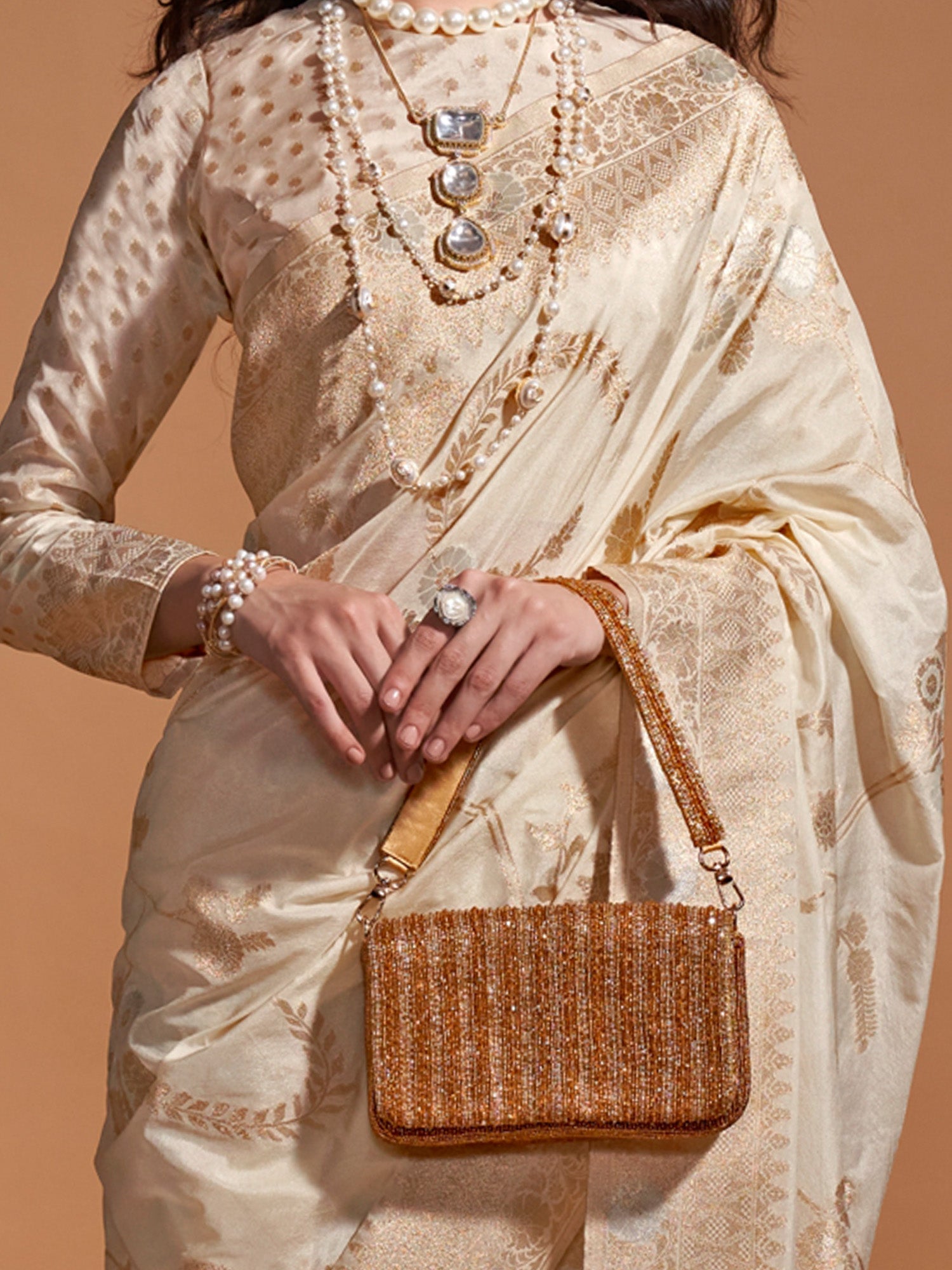 Off-White Silk Blend Banarasi Style Saree - Ressa