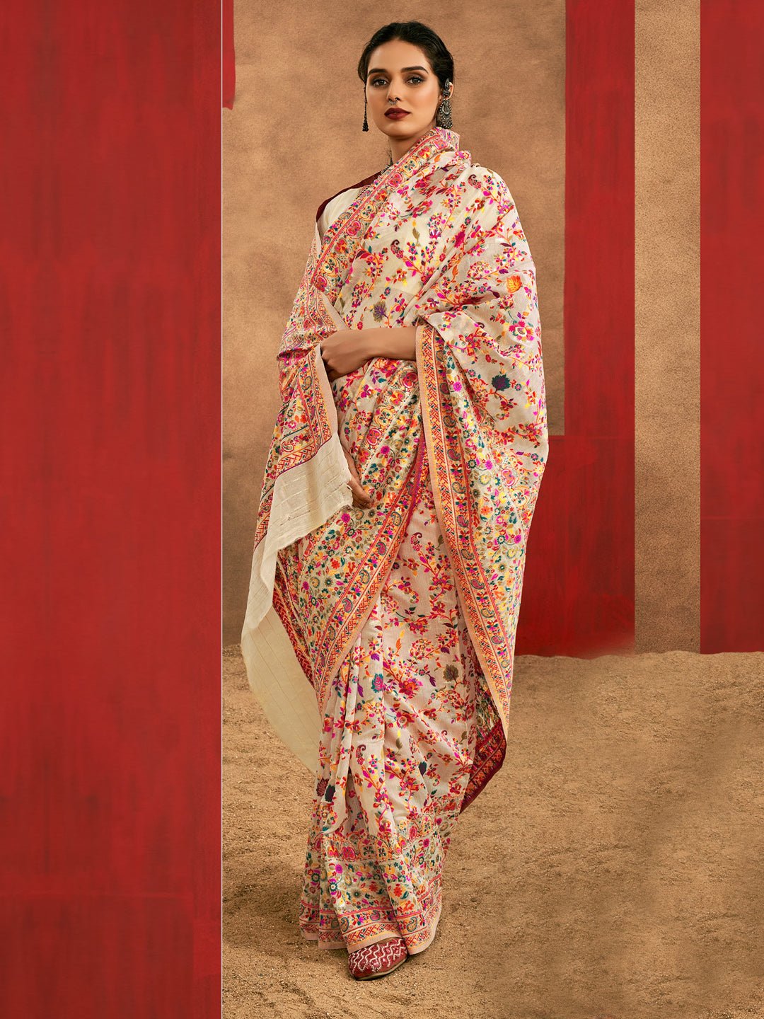 Off-White Silk Blend Heritage Floral Print Saree - Ressa
