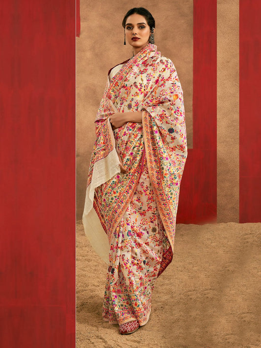 Off-White Silk Blend Heritage Floral Print Saree - Ressa