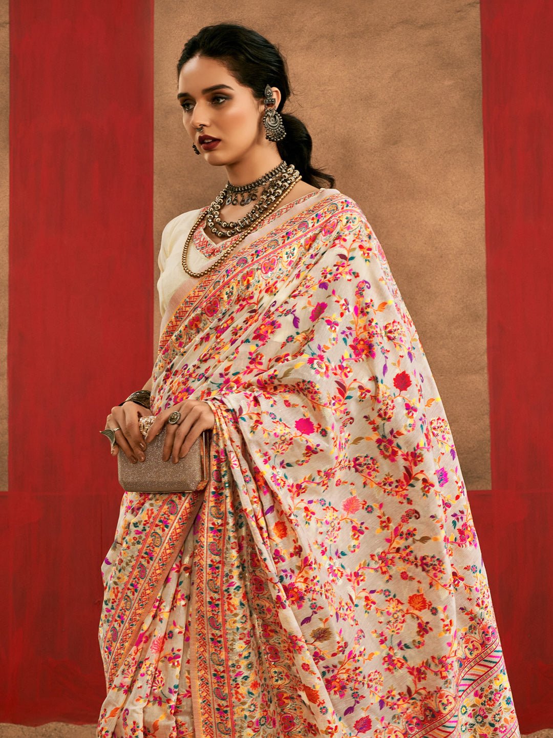Off-White Silk Blend Heritage Floral Print Saree - Ressa