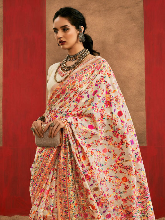 Off-White Silk Blend Heritage Floral Print Saree - Ressa