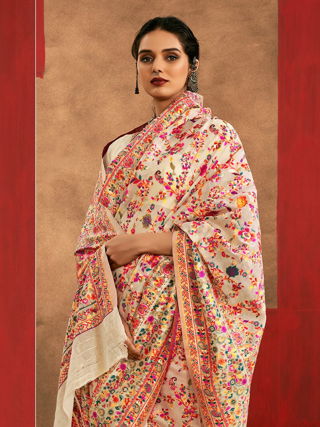 Off-White Silk Blend Heritage Floral Print Saree - Ressa