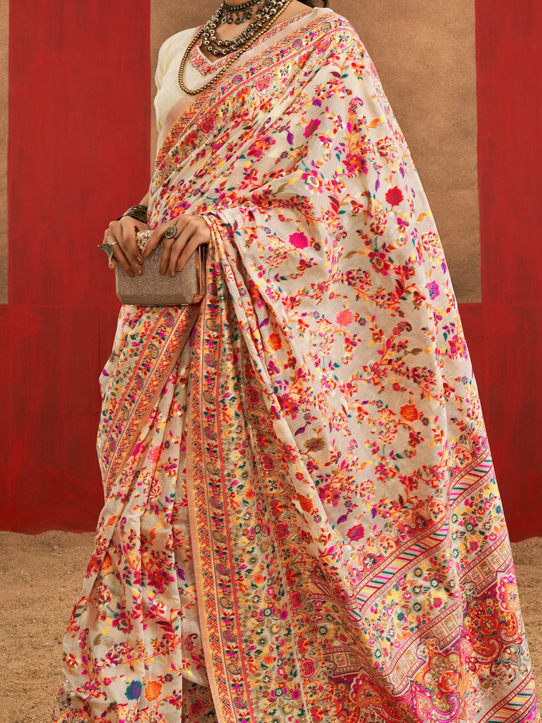 Off-White Silk Blend Heritage Floral Print Saree - Ressa