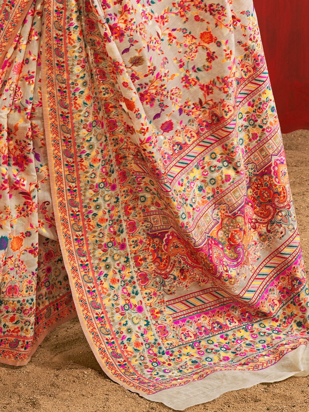 Off-White Silk Blend Heritage Floral Print Saree - Ressa