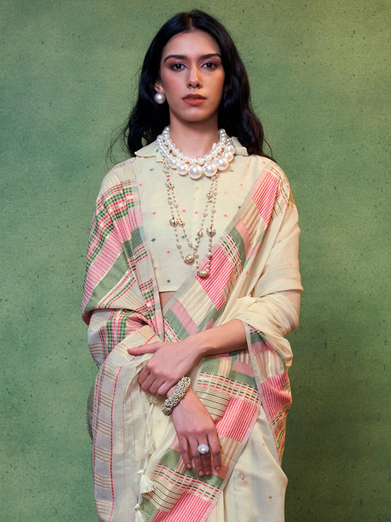 Off-White Silk Blend Heritage Saree - Ressa