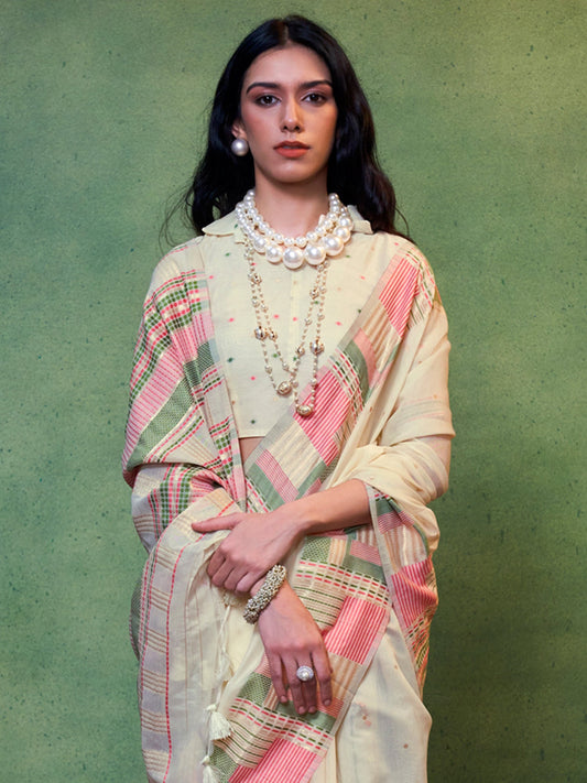 Off-White Silk Blend Heritage Saree - Ressa
