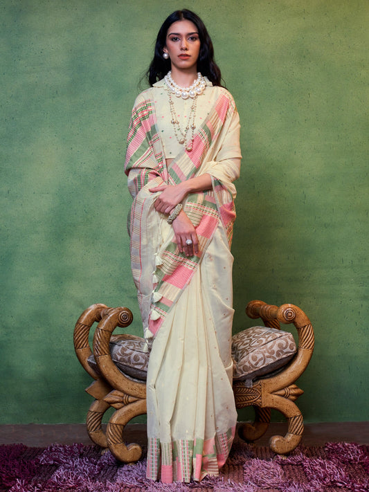 Off-White Silk Blend Heritage Saree - Ressa