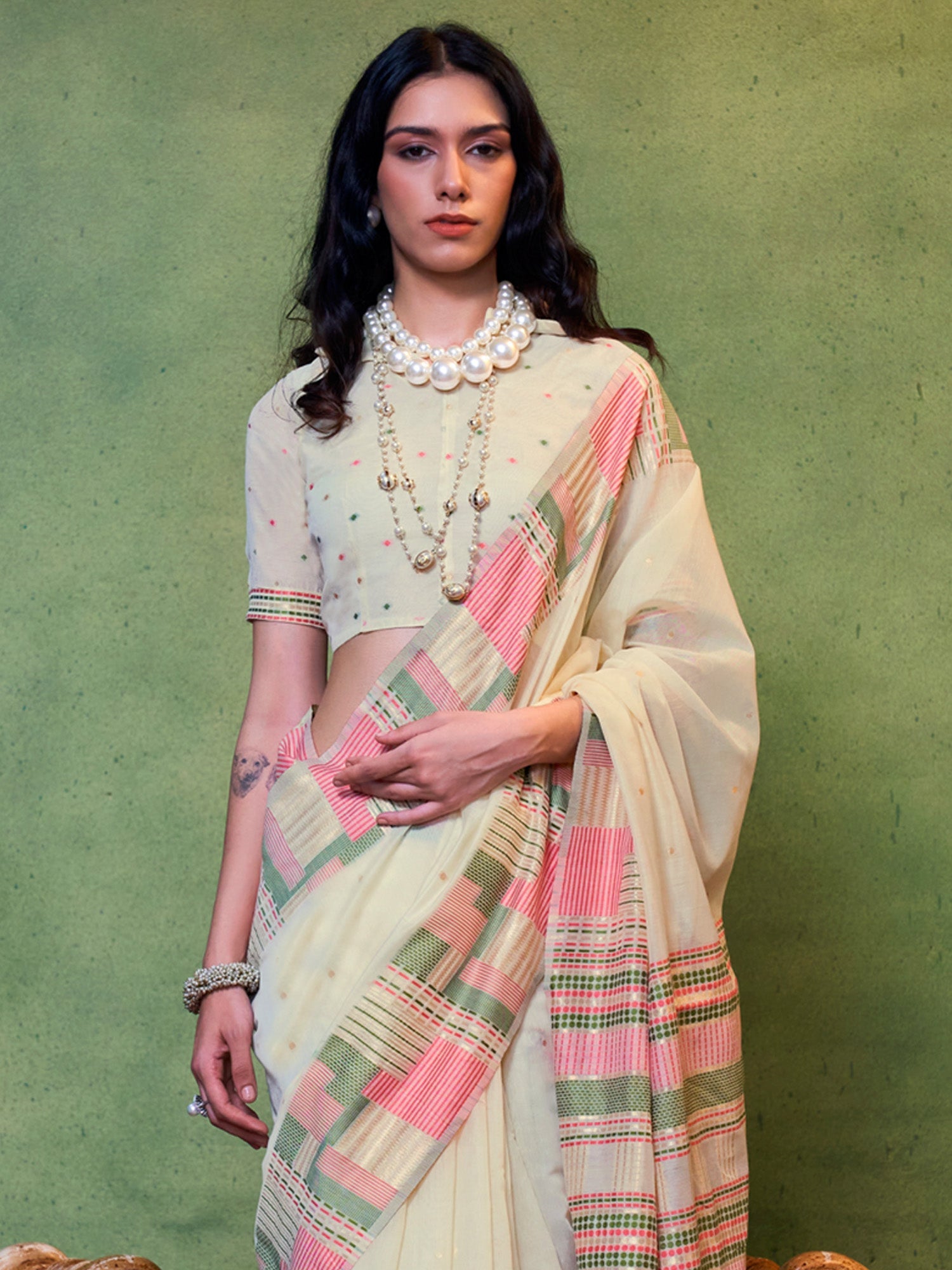 Off-White Silk Blend Heritage Saree - Ressa