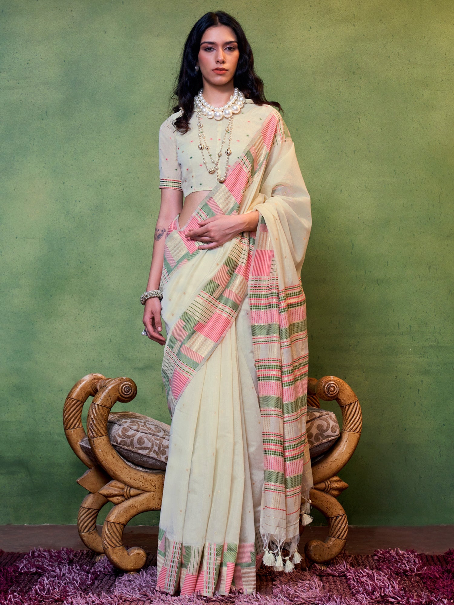 Off-White Silk Blend Heritage Saree - Ressa