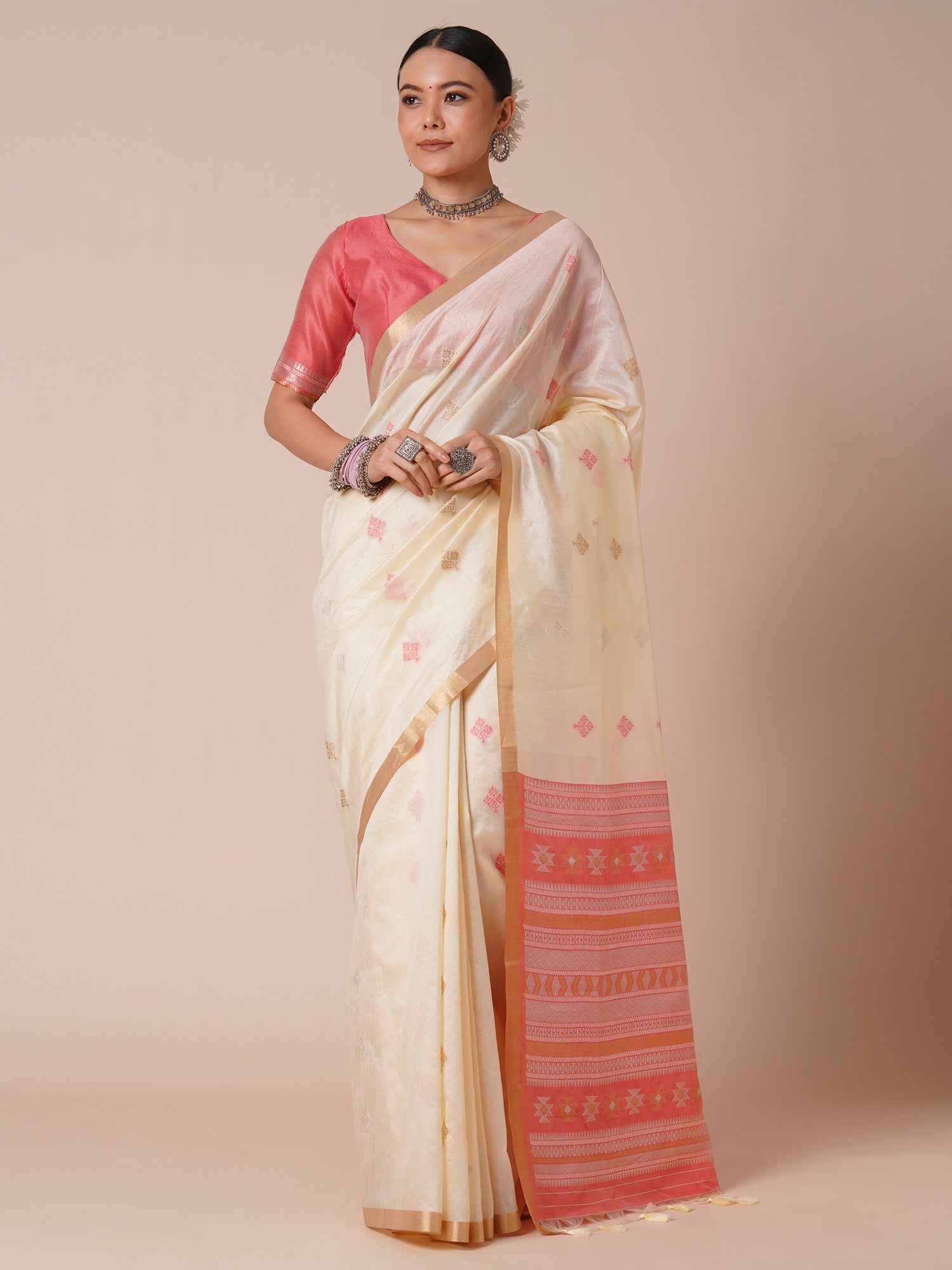 Off White Silk Blend Saree - Ressa