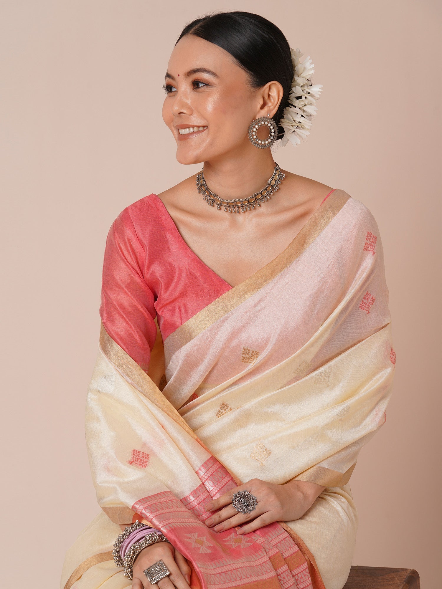 Off White Silk Blend Saree - Ressa