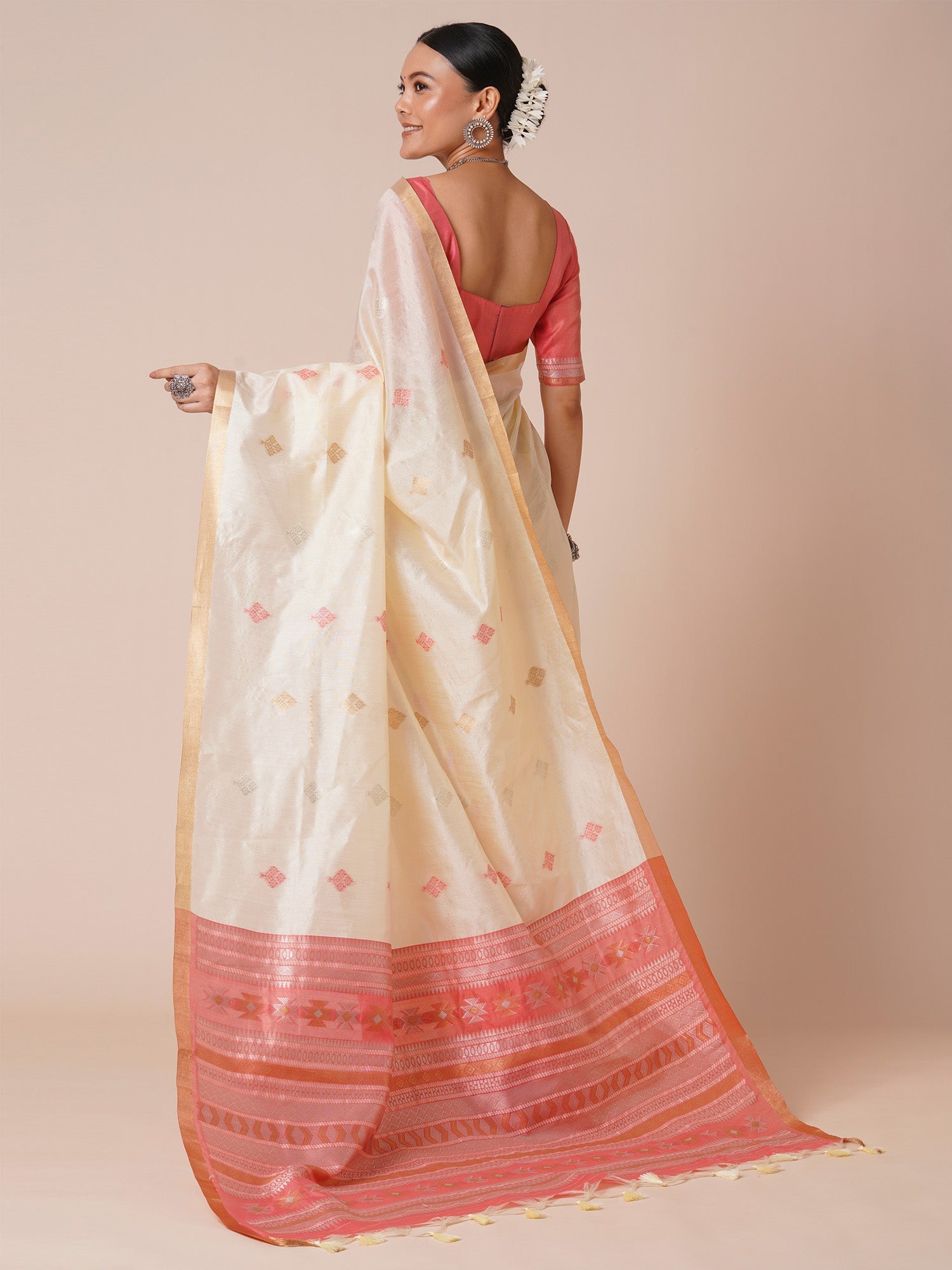 Off White Silk Blend Saree - Ressa