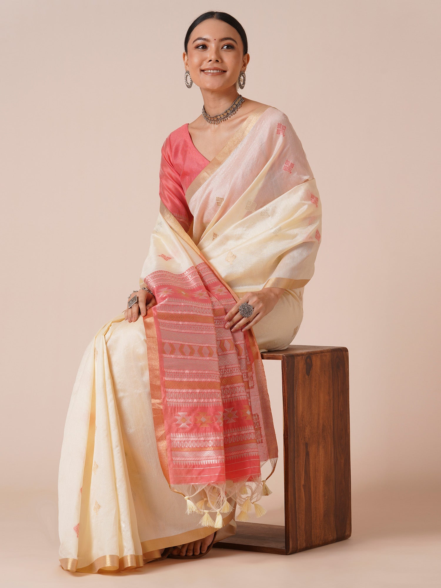 Off White Silk Blend Saree - Ressa