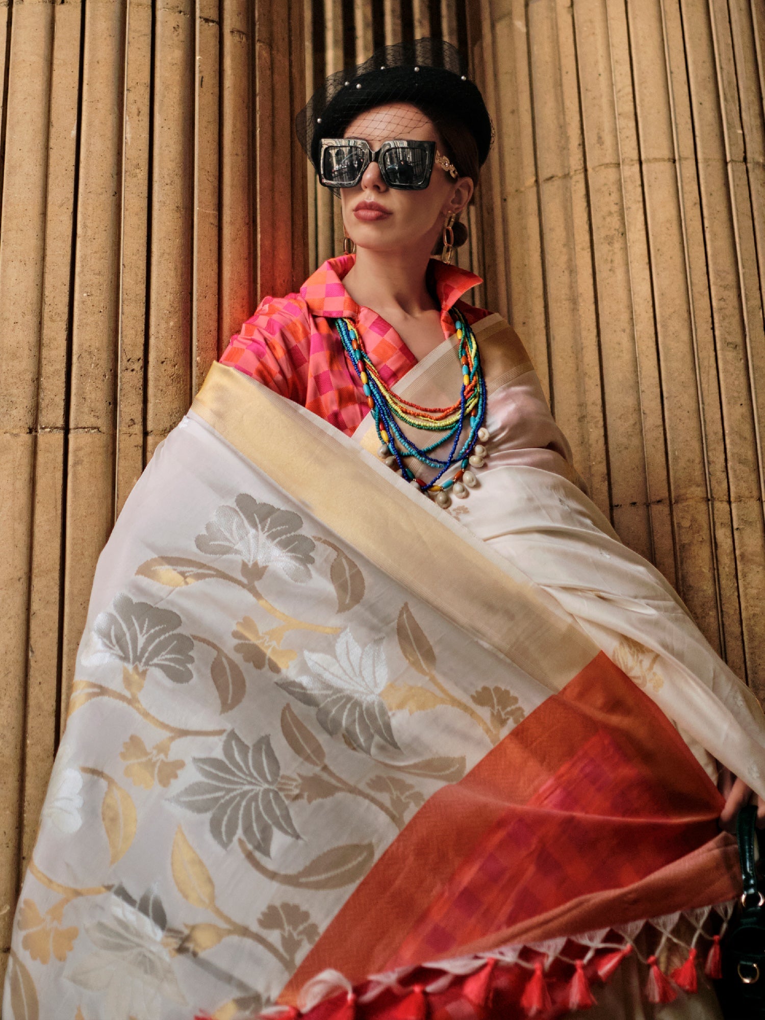 Off-White Soft Silk Banarasi Saree - Ressa