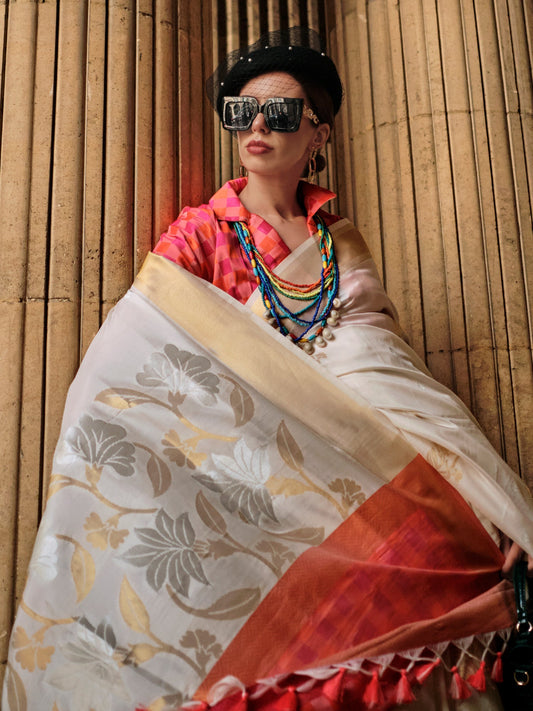 Off-White Soft Silk Banarasi Saree - Ressa
