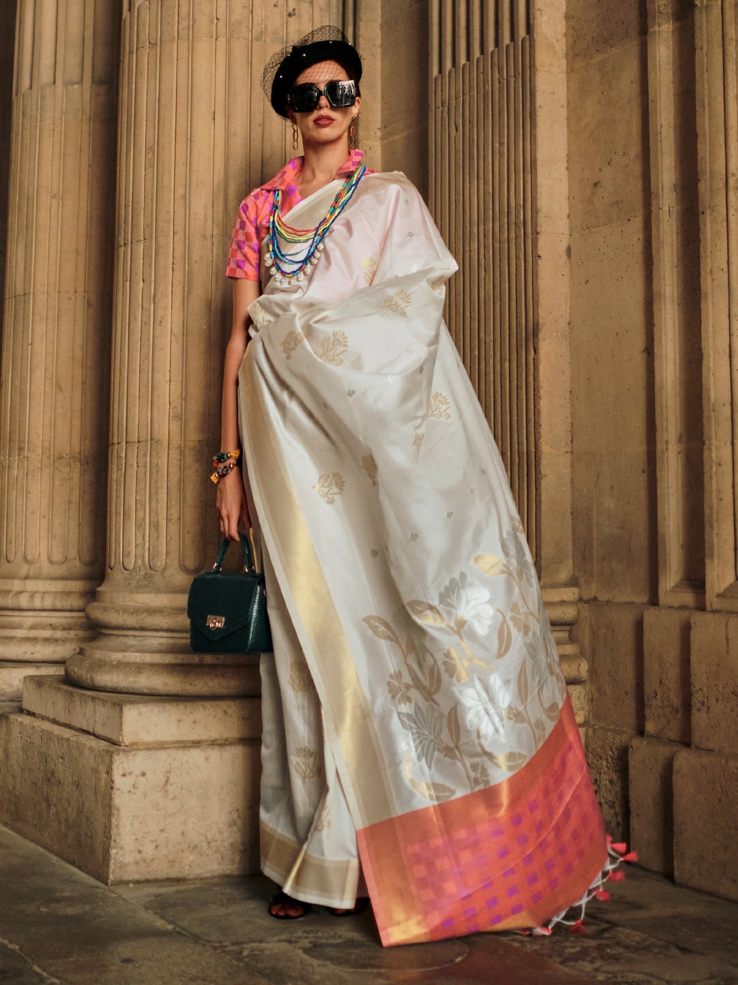 Off-White Soft Silk Banarasi Saree - Ressa