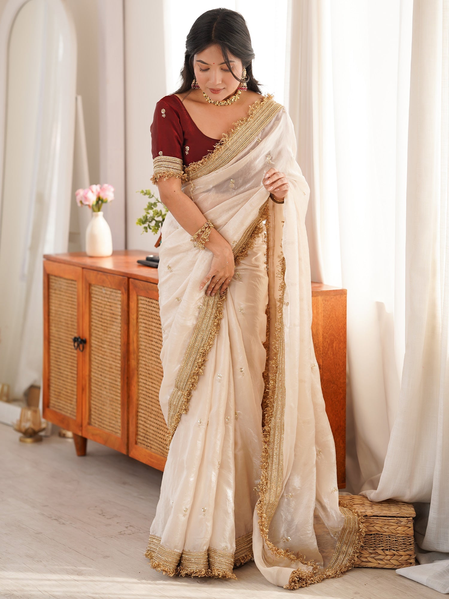 Off-White Tissue Saree with Maroon Blouse - Ressa