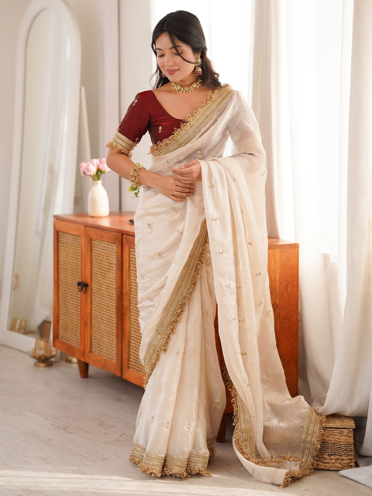 Off-White Tissue Saree with Maroon Blouse - Ressa