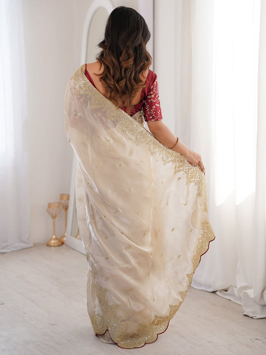 Off-White Tissue Silk Saree with Maroon Scalloped Border - Ressa