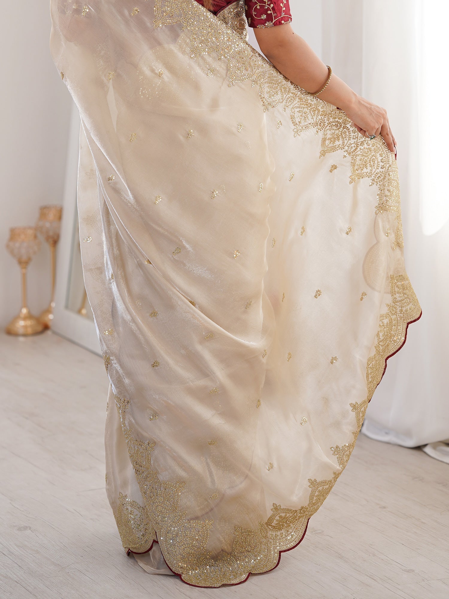 Off-White Tissue Silk Saree with Maroon Scalloped Border - Ressa