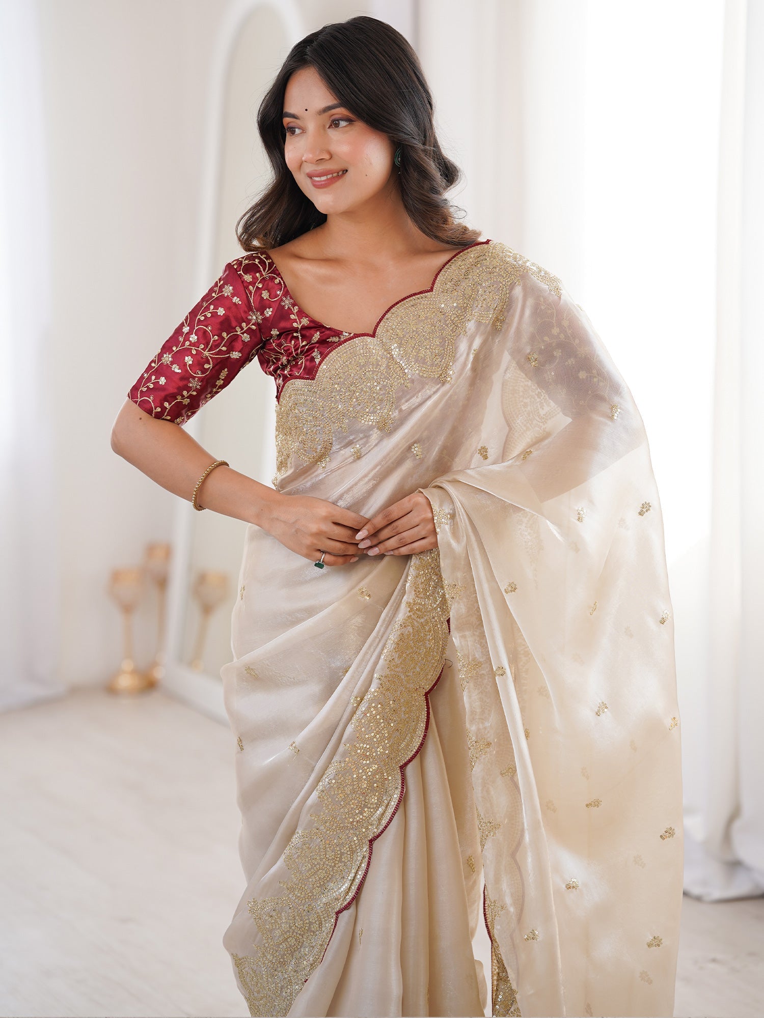 Off-White Tissue Silk Saree with Maroon Scalloped Border - Ressa