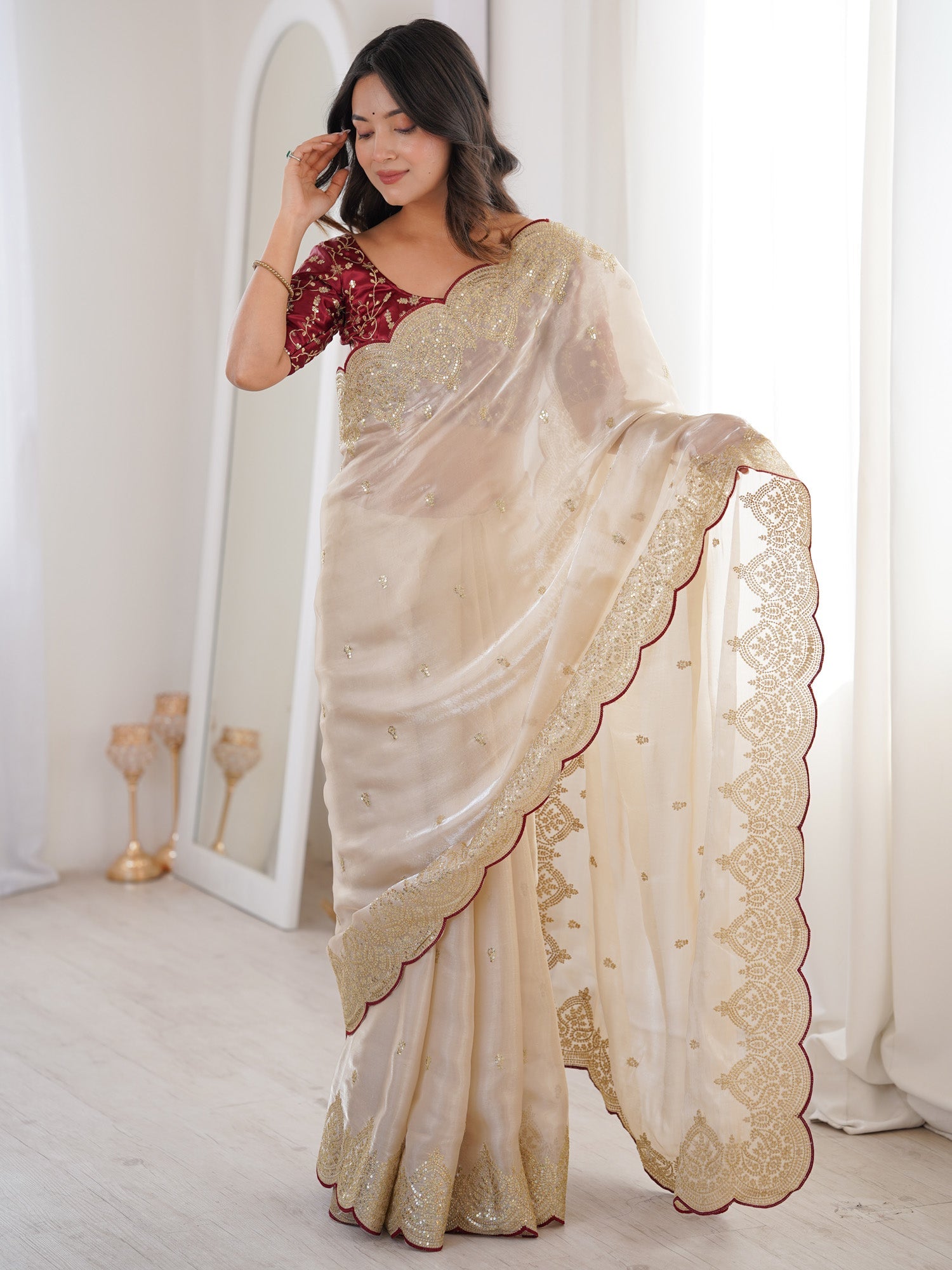 Off-White Tissue Silk Saree with Maroon Scalloped Border - Ressa