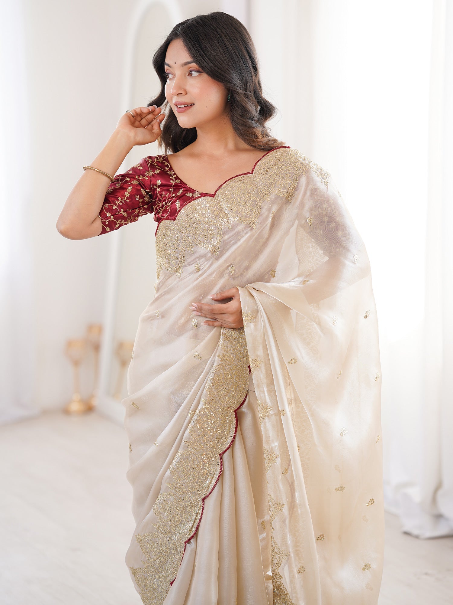 Off-White Tissue Silk Saree with Maroon Scalloped Border - Ressa