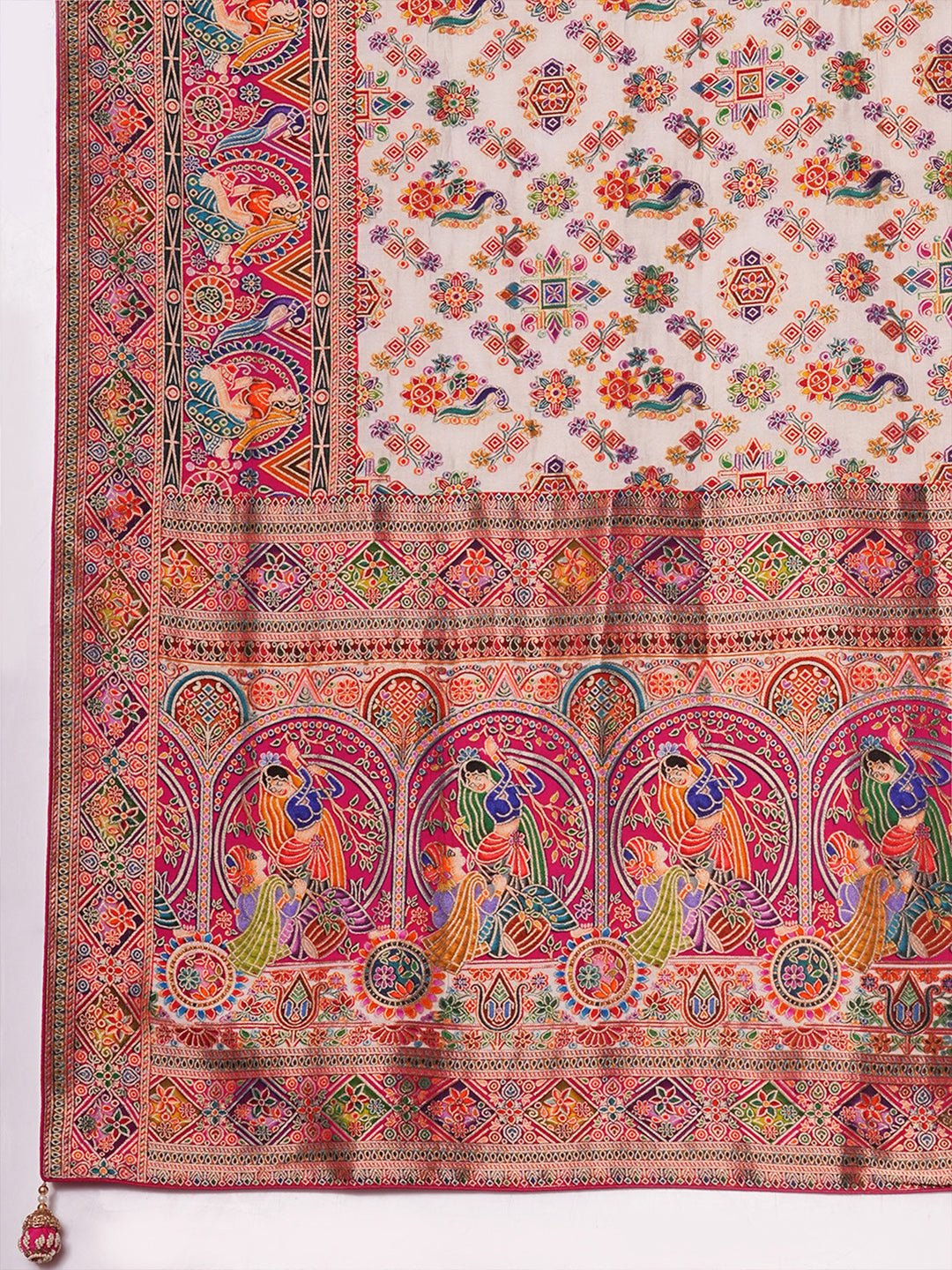 Off-White Viscose Rayon Woven Banarasi Pink Zari Border Blouse Saree - Ressa