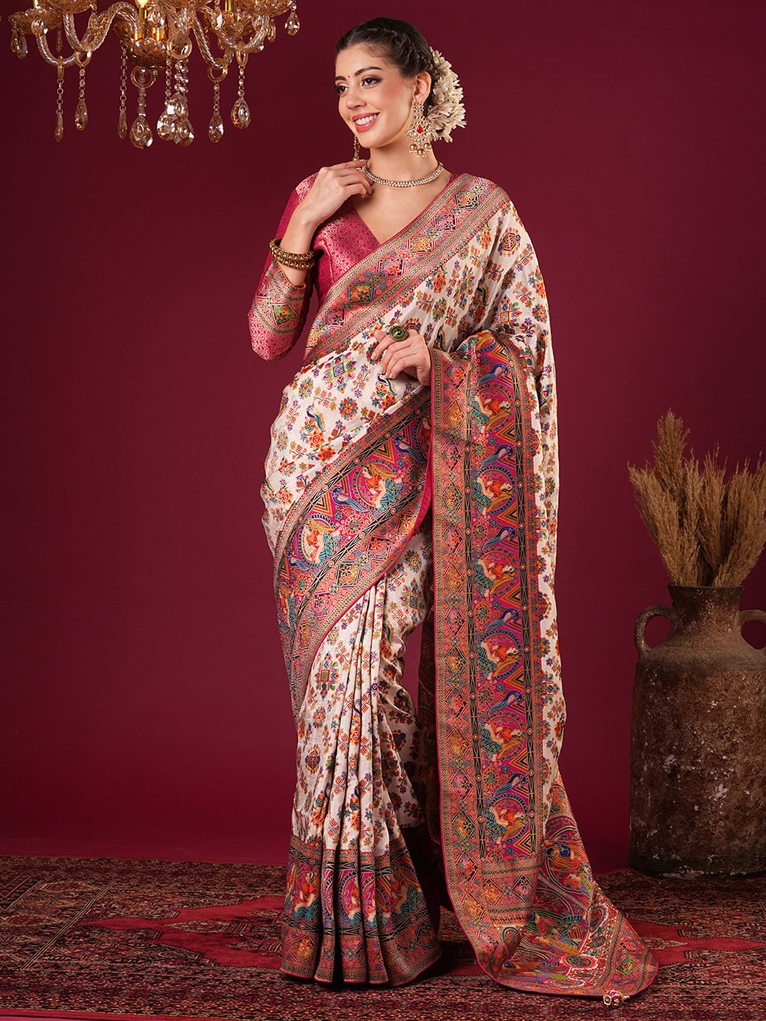 Off-White Viscose Rayon Woven Banarasi Pink Zari Border Blouse Saree - Ressa