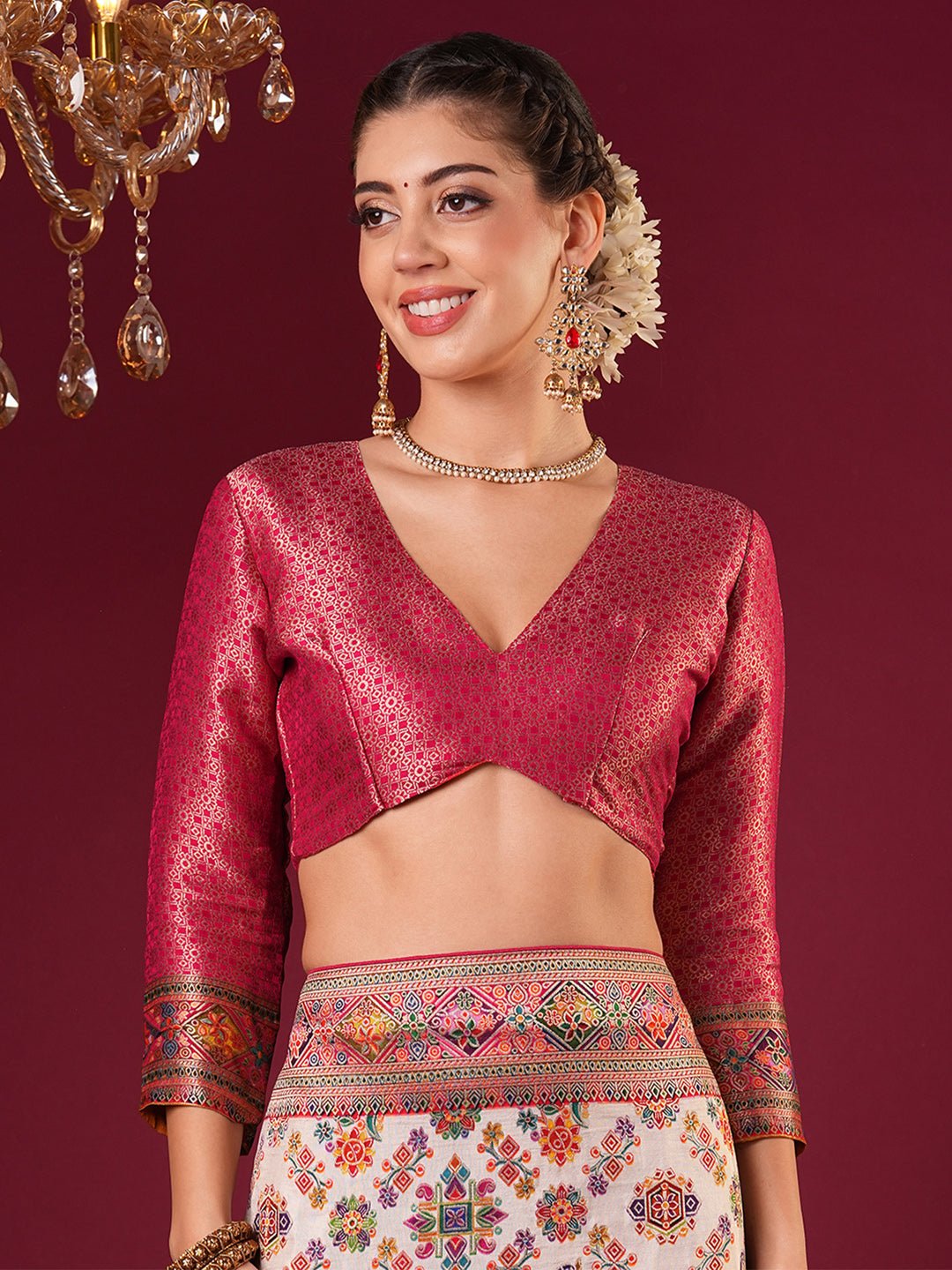 Off-White Viscose Rayon Woven Banarasi Pink Zari Border Blouse Saree - Ressa