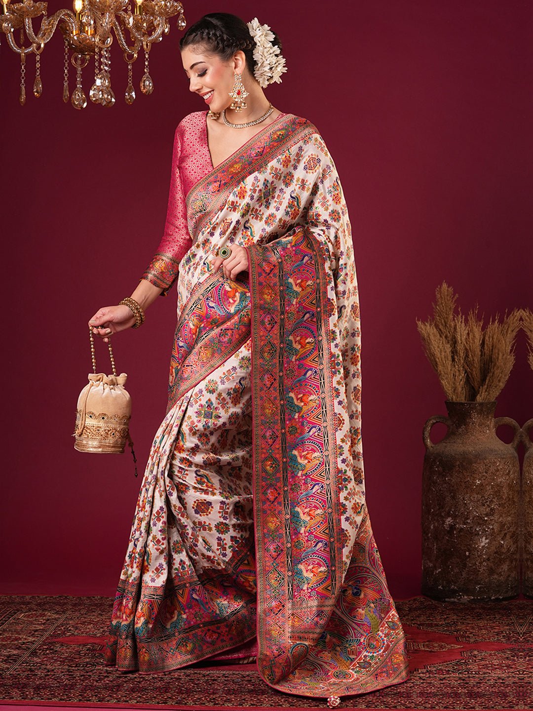 Off-White Viscose Rayon Woven Banarasi Pink Zari Border Blouse Saree - Ressa