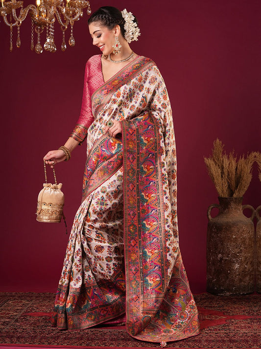 Off-White Viscose Rayon Woven Banarasi Pink Zari Border Blouse Saree - Ressa