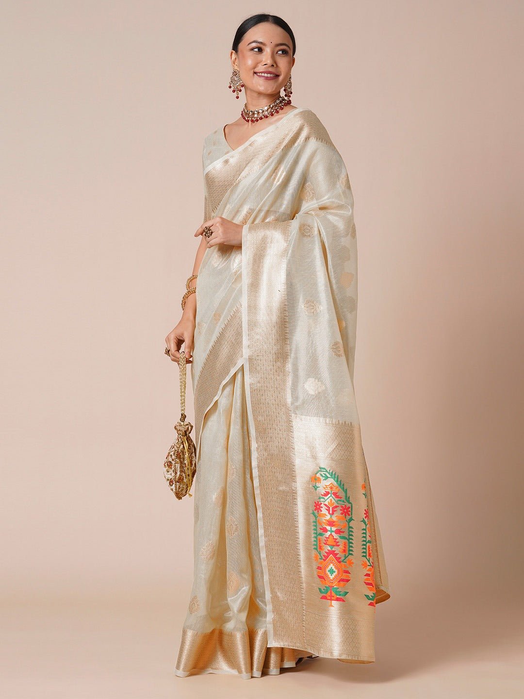 Off-White Woven Tissue Saree with Meenakari Pallu - Ressa
