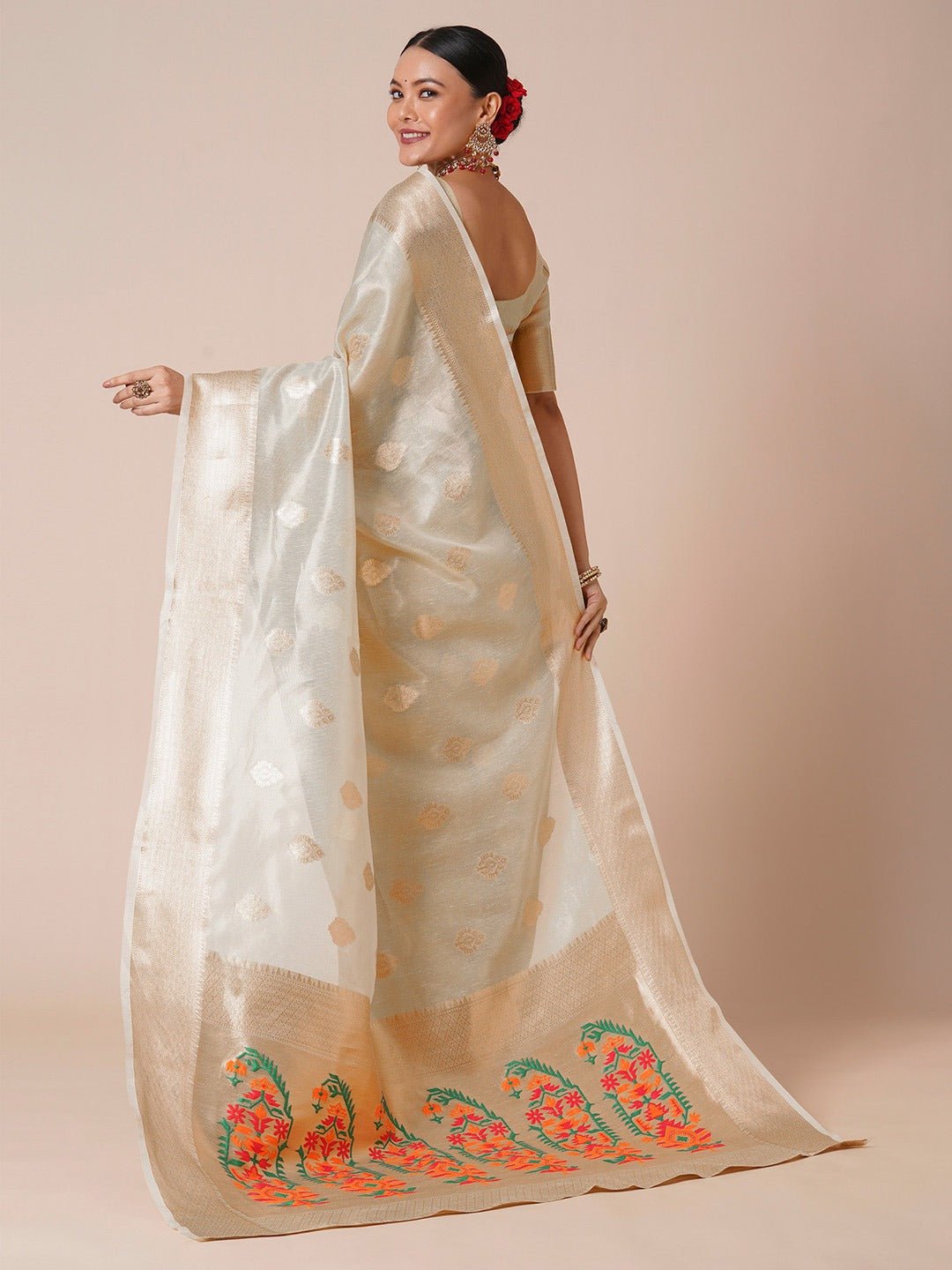 Off-White Woven Tissue Saree with Meenakari Pallu - Ressa