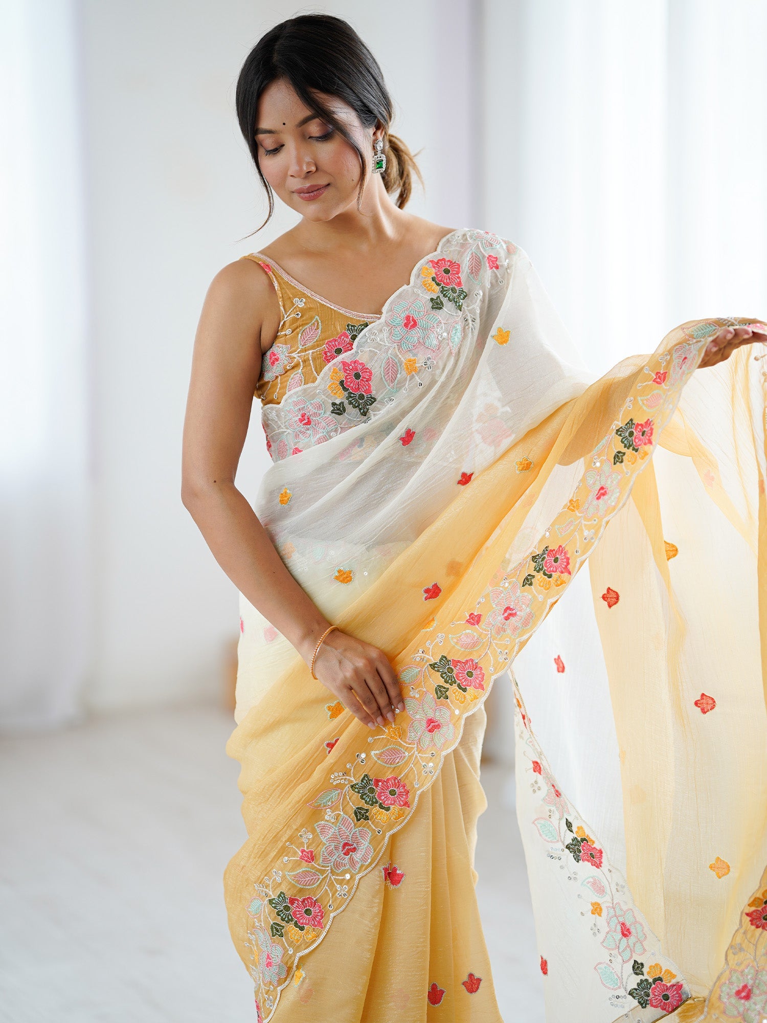 Off-White & Yellow Polyester Embroidered Floral Scalloped Border Saree - Ressa