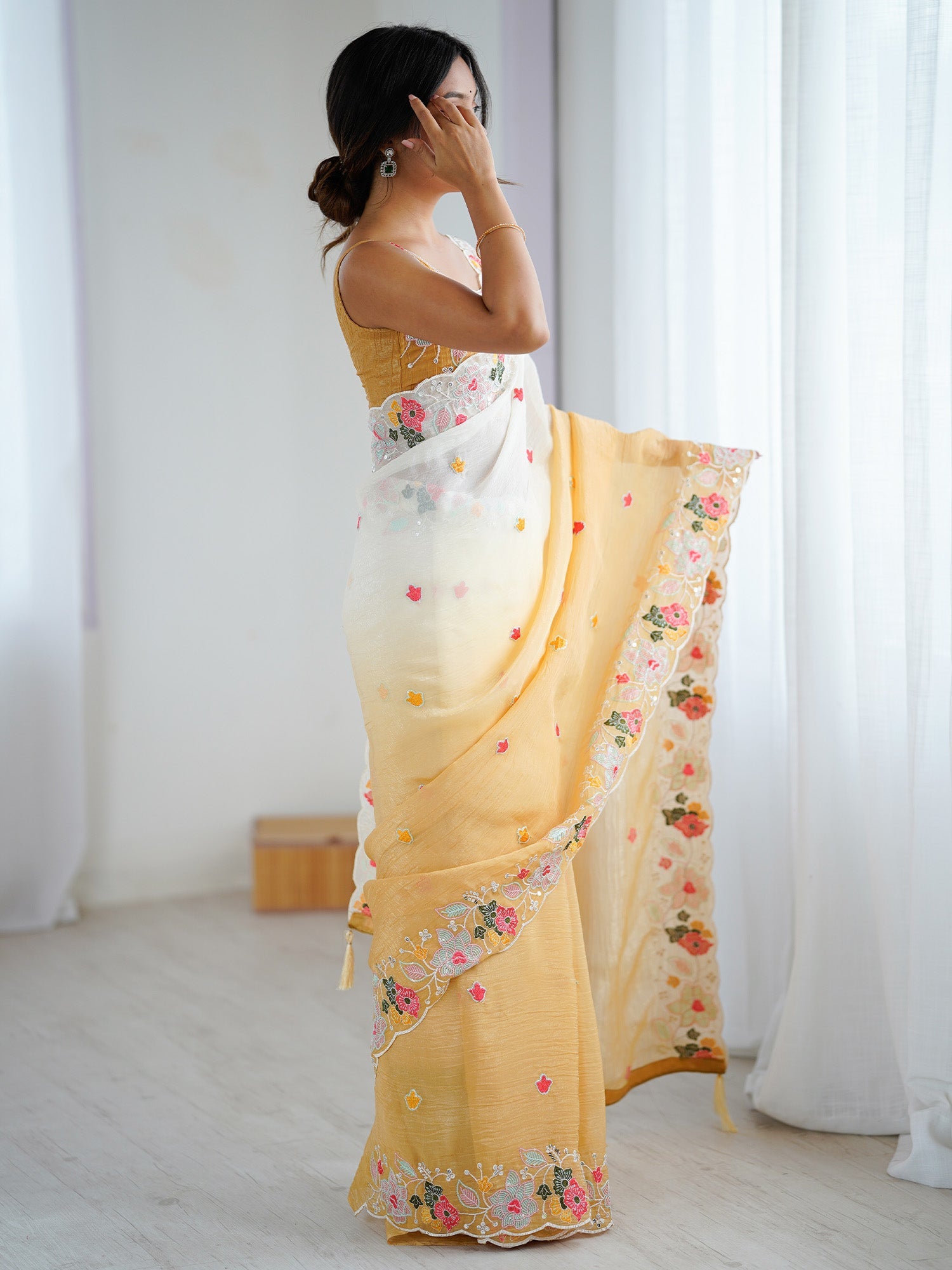 Off-White & Yellow Polyester Embroidered Floral Scalloped Border Saree - Ressa