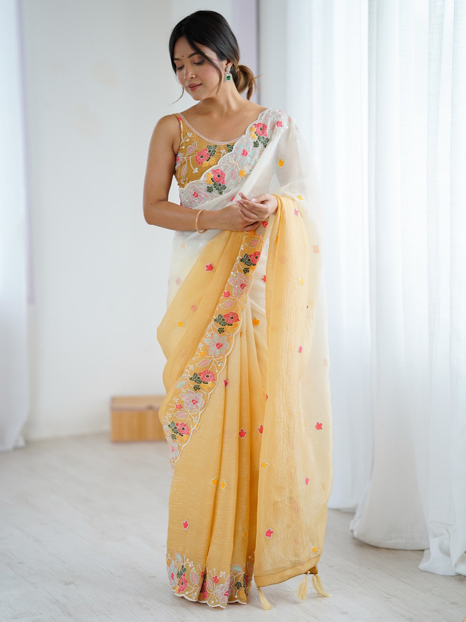 Off-White & Yellow Polyester Embroidered Floral Scalloped Border Saree - Ressa
